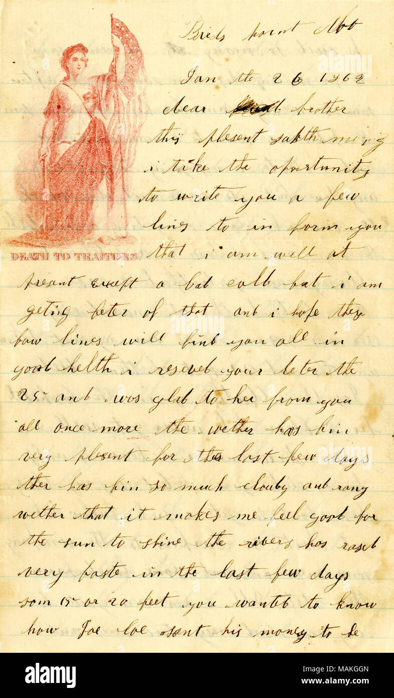 Titolo: LETTERA DA W. H. Dennis, Uccelli punto, Mo., al fratello, Gennaio 26, 1862 . Il 26 gennaio 1862. Dennis, W. H. Foto Stock