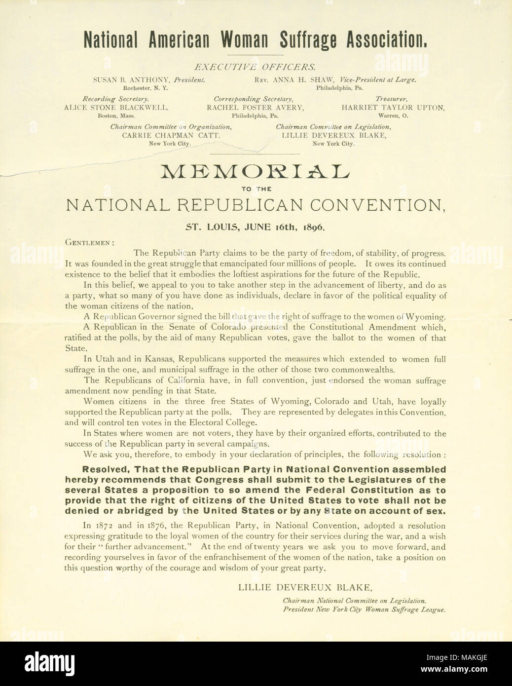 Titolo: fiancata: Memoriale al National Convention repubblicana, St. Louis, 16 giugno 1896 . Il 16 giugno 1896. Blake, Lillie Devereux, 1833-1913 Foto Stock
