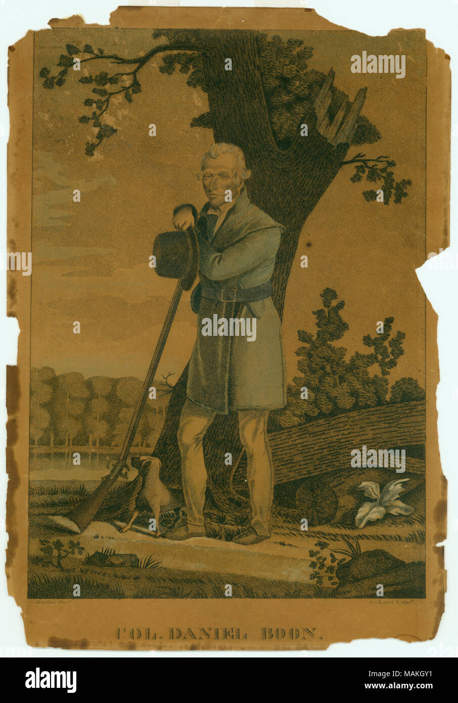 Verticali colorate a mano da imbianchino incisione di una piena lunghezza Ritratto di Daniel Boone. In autunno di 1820, Lewis ha fatto una lastra di rame incisione di Chester Harding pittura e tra 2 e 3 centinaia di stampe sono state vendute. Essi sono stati appena conosciuto le stampe effettuate ad ovest del fiume Mississippi. Titolo: 'Col. Daniel Boon [sic]." (Daniel Boone). . 1820. Chester Harding Foto Stock