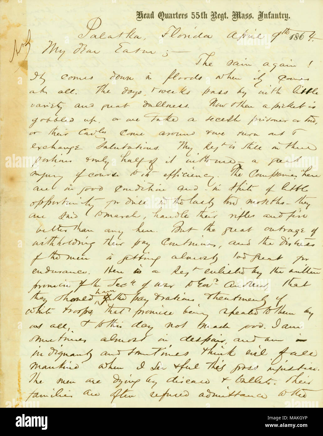 Per quanto riguarda la sua frustrazione per il rifiuto di pagamento per poveri e trattamento delle truppe nere nel suo reggimento dal governo. Titolo: lettera firmata A.S.H. [Alfred S. Hartwell], capo quarti 55th regt. Messa. [Reggimento Massachusetts] fanteria, Palatka, Florida, a Lucien Eaton, Aprile 9, 1864 . 9 aprile 1864. Hartwell, Alfred S. Foto Stock