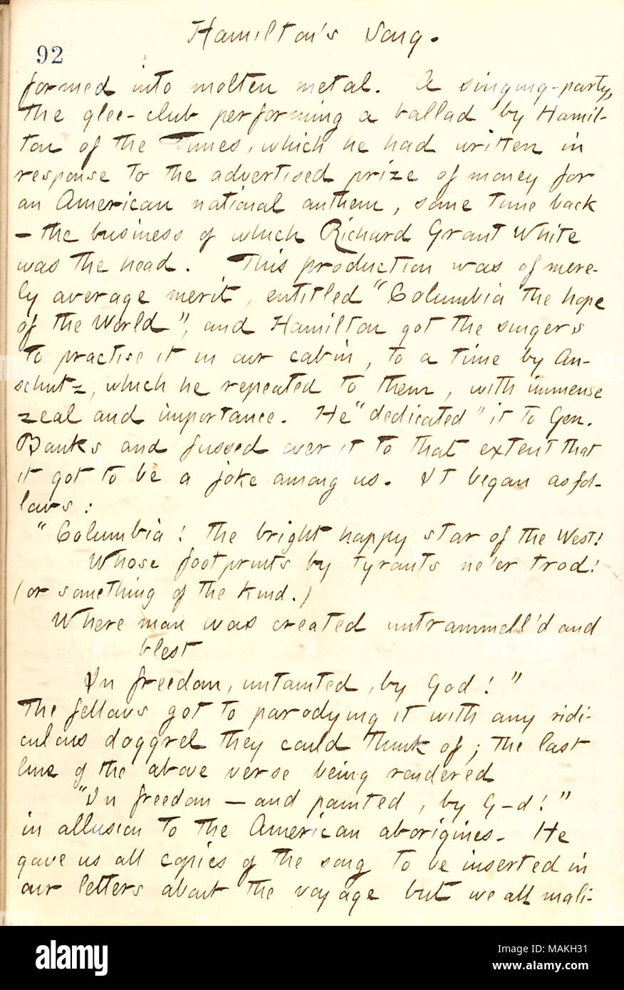 Per quanto riguarda una canzone patriottica scritto da Hamilton. Titolo: Thomas Butler diari Gunn: Volume 21, pagina 101, 8 dicembre 1862 . 8 dicembre 1862. Gunn, Thomas Butler, 1826-1903 Foto Stock