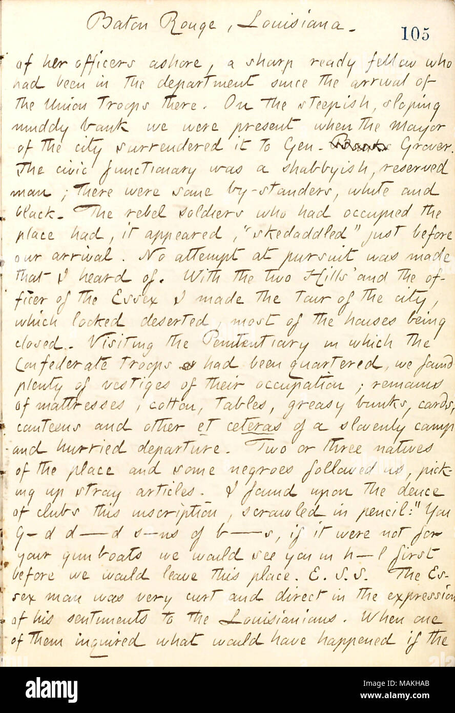 Per quanto riguarda la ri-occupazione di Baton Rouge dalle forze dell'Unione. Titolo: Thomas Butler diari Gunn: Volume 21, pagina 114, dicembre 17, 1862 . Il 17 dicembre 1862. Gunn, Thomas Butler, 1826-1903 Foto Stock