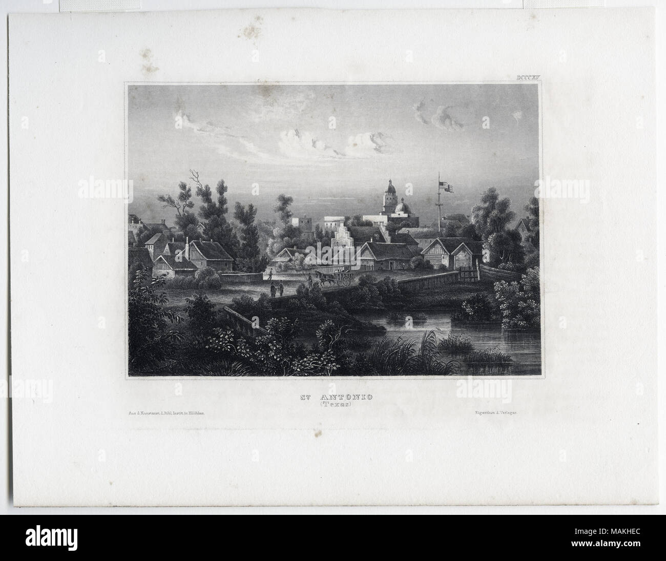 Orizzontale incisione in acciaio che mostra una città in un fiume. Un cavallo di trazione di un carrello attraversa il fiume. In fondo è quello che appare come una missione. Titolo: 'St. Antonio (Texas).". Tra il 1852 e il 1853. Foto Stock