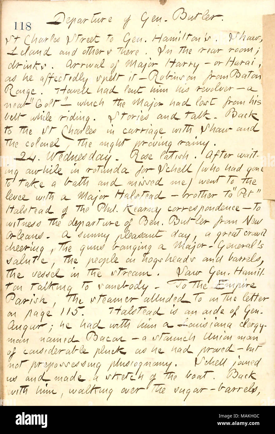Per quanto riguarda la partenza del generale Butler da New Orleans. Titolo: Thomas Butler diari Gunn: Volume 21, pagina 129, dicembre 23, 1862 . Il 23 dicembre 1862. Gunn, Thomas Butler, 1826-1903 Foto Stock