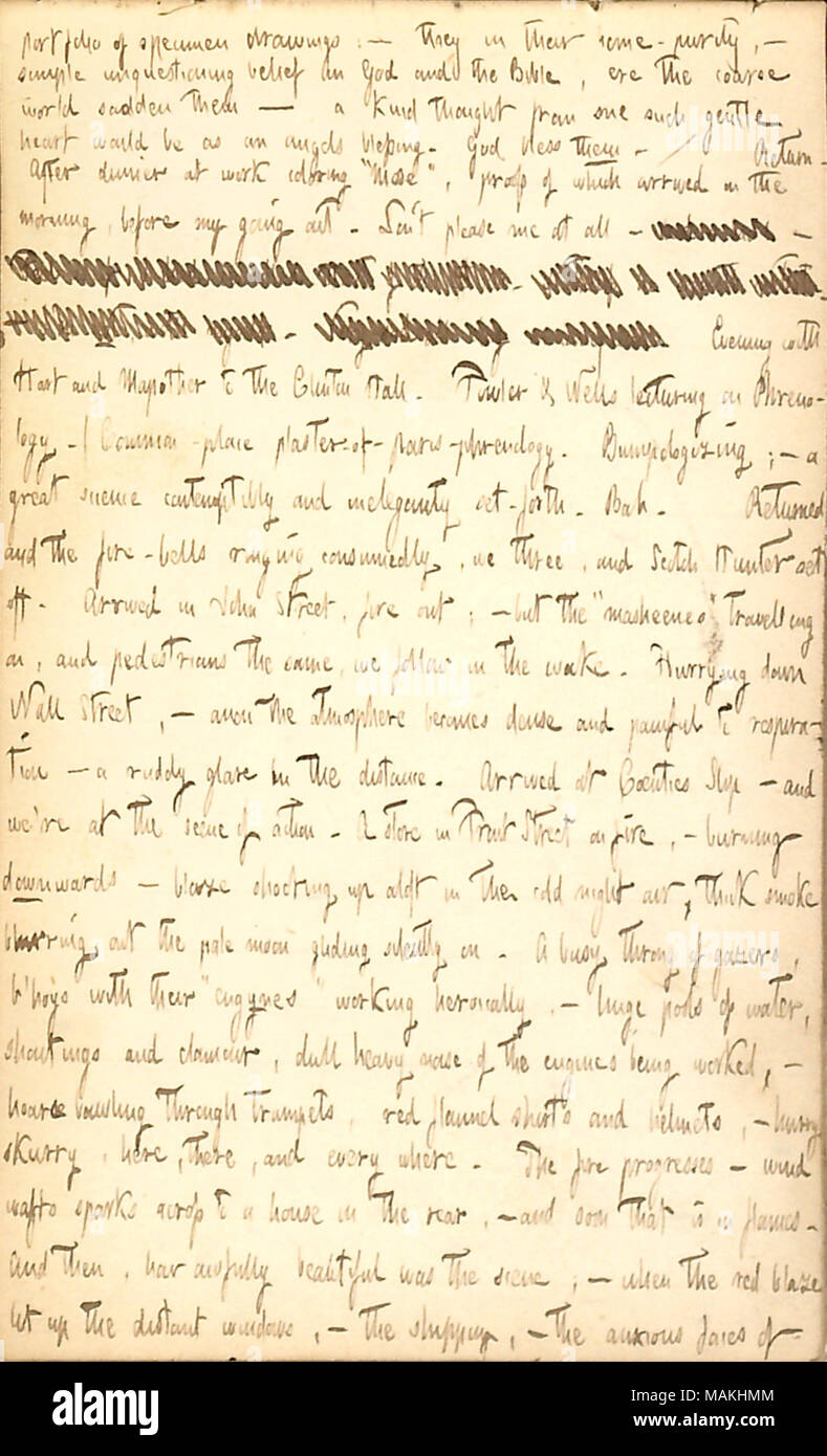 Commenti su una lezione su phrenology ed assistendo a un incendio in un negozio di Front Street. Trascrizione: portafoglio di campione disegni: ? Essi nella loro casa-purezza, ? Semplice acritica fede in Dio e la Bibbia, ere il mondo grossolano rattristano loro ? Un pensiero gentile da uno di questi dolci cuore sarebbe come una benedizione degli angeli. Dio li benedica. / Ritorno. Dopo la cena al lavoro la colorazione ?ǣMose [tra il Britishers], ? La prova di cui siamo arrivati al mattino, prima che il mio cammino. Don ?t si prega di me a tutti. [Due linee barrata] Sera con [Henry] Hart e [Dillon] Mapother al Clinton Hall. [Lorenz Foto Stock