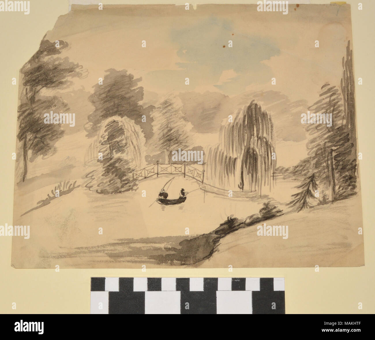 La pittura ad acquerello da Anna Maria von Phul di due uomini con attività di pesca in una barca a remi in un giardino sul lago a Le Chaumiere des praterie, David Meade's wagon nella contea di Jessamine, Kentucky. Von Phul vi abitò dal 1815-1823. Titolo: la pittura ad acquerello del giardino a Le Chaumiere des Prairies . tra 1815 e 1823. Von Phul, Anna Maria Foto Stock