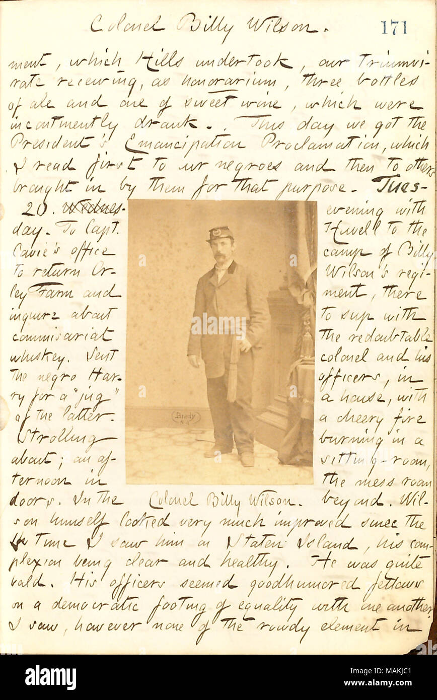 Parla di una visita al campo del colonnello Billy Wilson il reggimento. Titolo: Thomas Butler diari Gunn: Volume 21, pagina 187, gennaio 19, 1863 . Il 19 gennaio 1863. Gunn, Thomas Butler, 1826-1903 Foto Stock