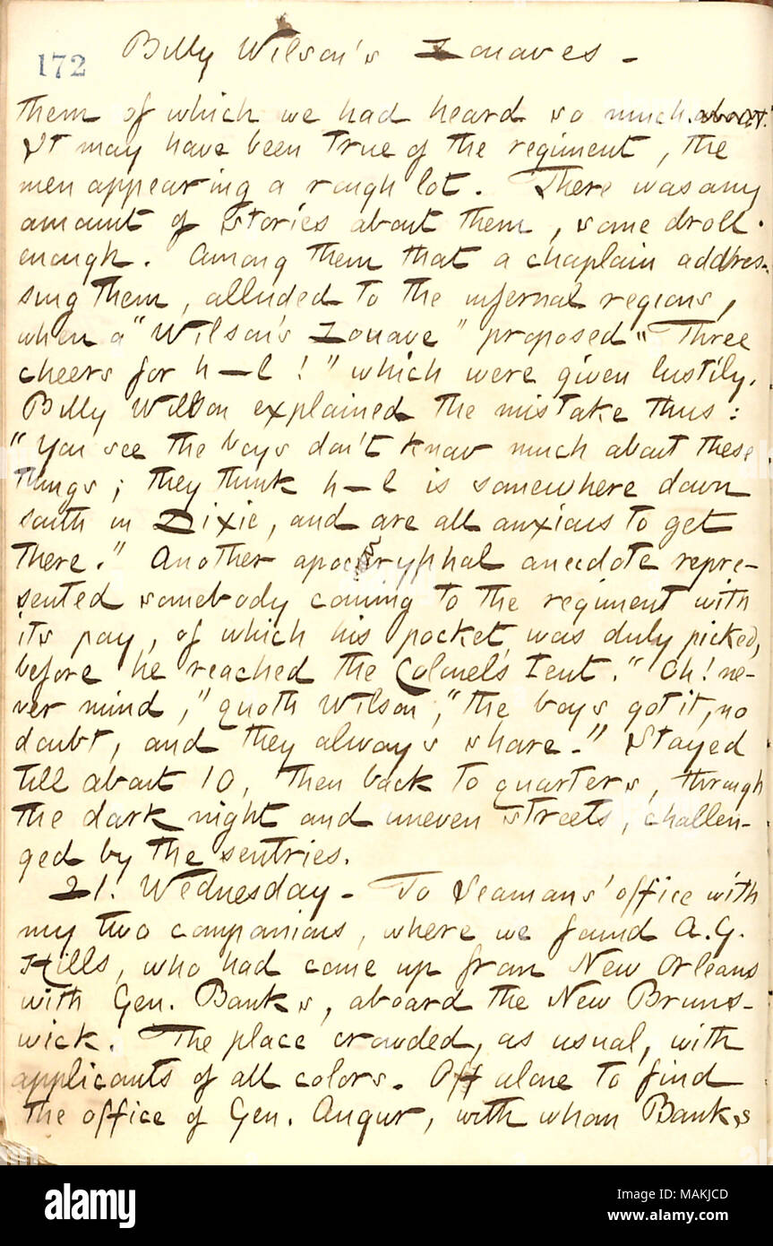 Parla di una visita al campo del colonnello Billy Wilson il reggimento. Titolo: Thomas Butler diari Gunn: Volume 21, pagina 188, gennaio 20, 1863 . Il 20 gennaio 1863. Gunn, Thomas Butler, 1826-1903 Foto Stock