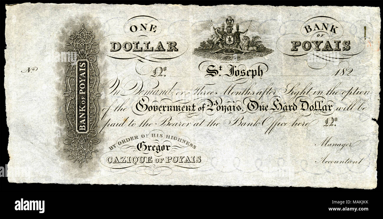 Un dollaro, Banca di Poyais, Repubblica di Poyais (1820s). Dopo aver combattuto in America centrale e del Sud, il soldato scozzese Gregor MacGregor ha creato un elaborato sistema di richieste di rimborso truffa che sia stata fatta una Cacique del totalmente fittizio Cazique di Poyais, tutti in uno sforzo per frodare gli investitori di terra. Quasi 200 morti in 1822 ?23 in collegamento con MacGregor's inganno. . 15 agosto 2014, 20:07:42. Gregor MacGregor & W.H. Lizars Museo Nazionale di Storia Americana - nome nativo Museo Nazionale di Storia Americana istituzione madre Smithsonian affiliazioni location Washington, Stati Uniti o Foto Stock