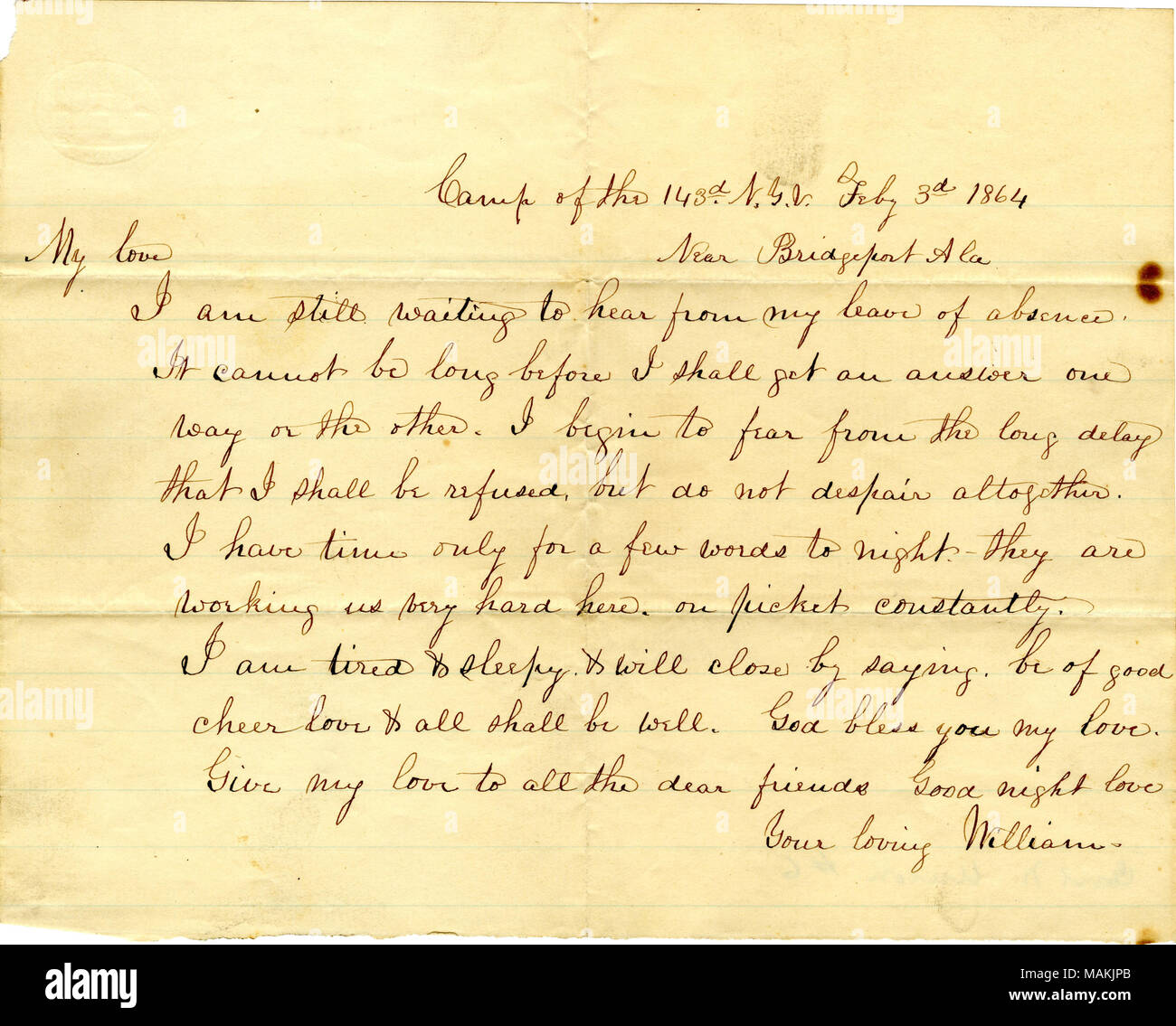 Menzionare le sue inquietudini che egli non sarà concesso un permesso di assenza. Titolo: lettera firmata William [William S. Moffat], camp del 143N.Y.V., vicino a Bridgeport, Ala, [a sua moglie Matilda B. Moffat], 3 febbraio 1864 . 3 febbraio 1864. Moffat, William S., -1898 Foto Stock