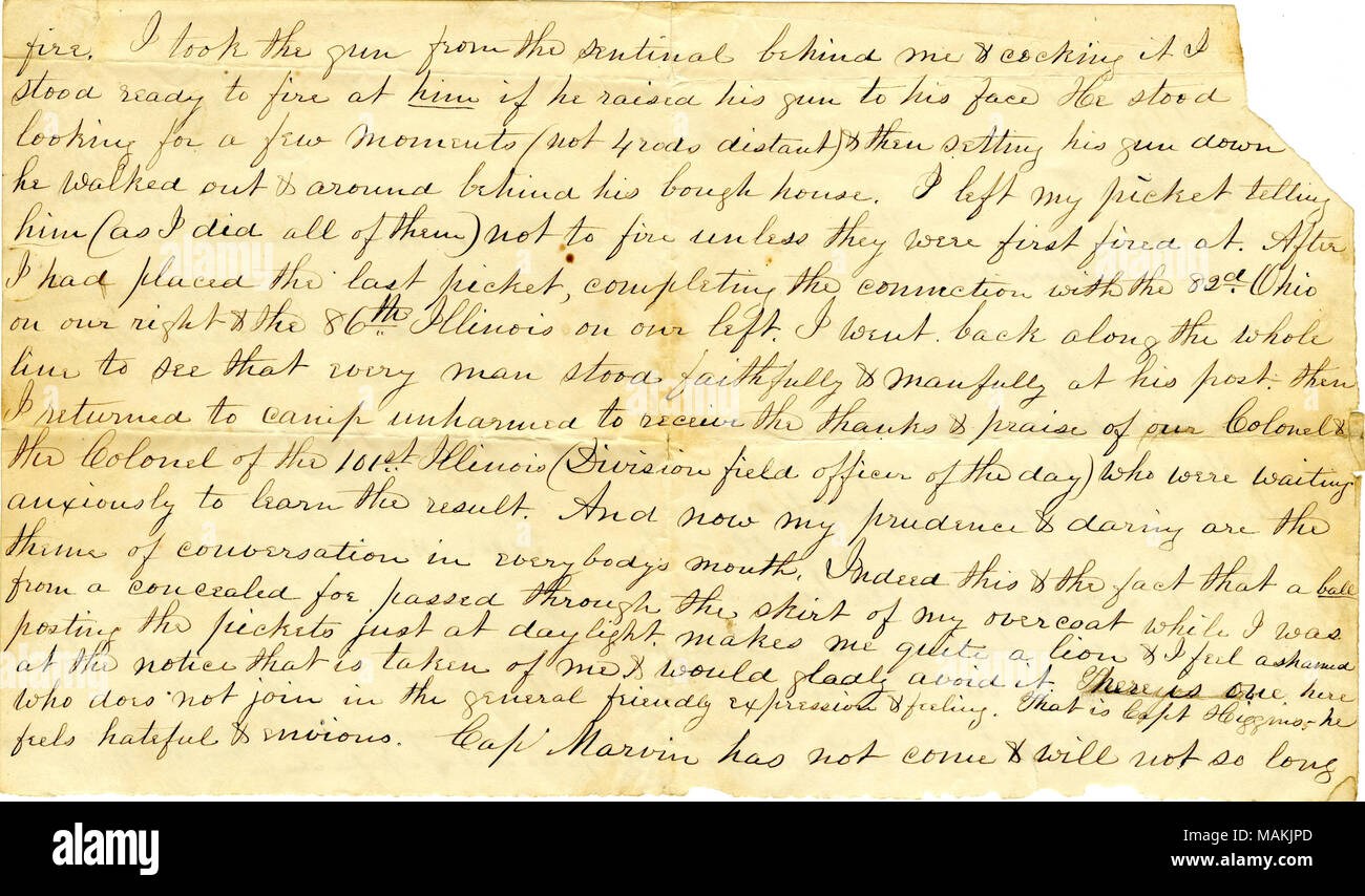 Descrive un incidente che ha guadagnato lui ammirazione da altri uomini. Titolo: Parziale lettera firmata W.S. Moffat [a sua moglie Matilda B. Moffat], 1862-1864 . tra il 1862 e il 1864. Moffat, William S., -1898 Foto Stock