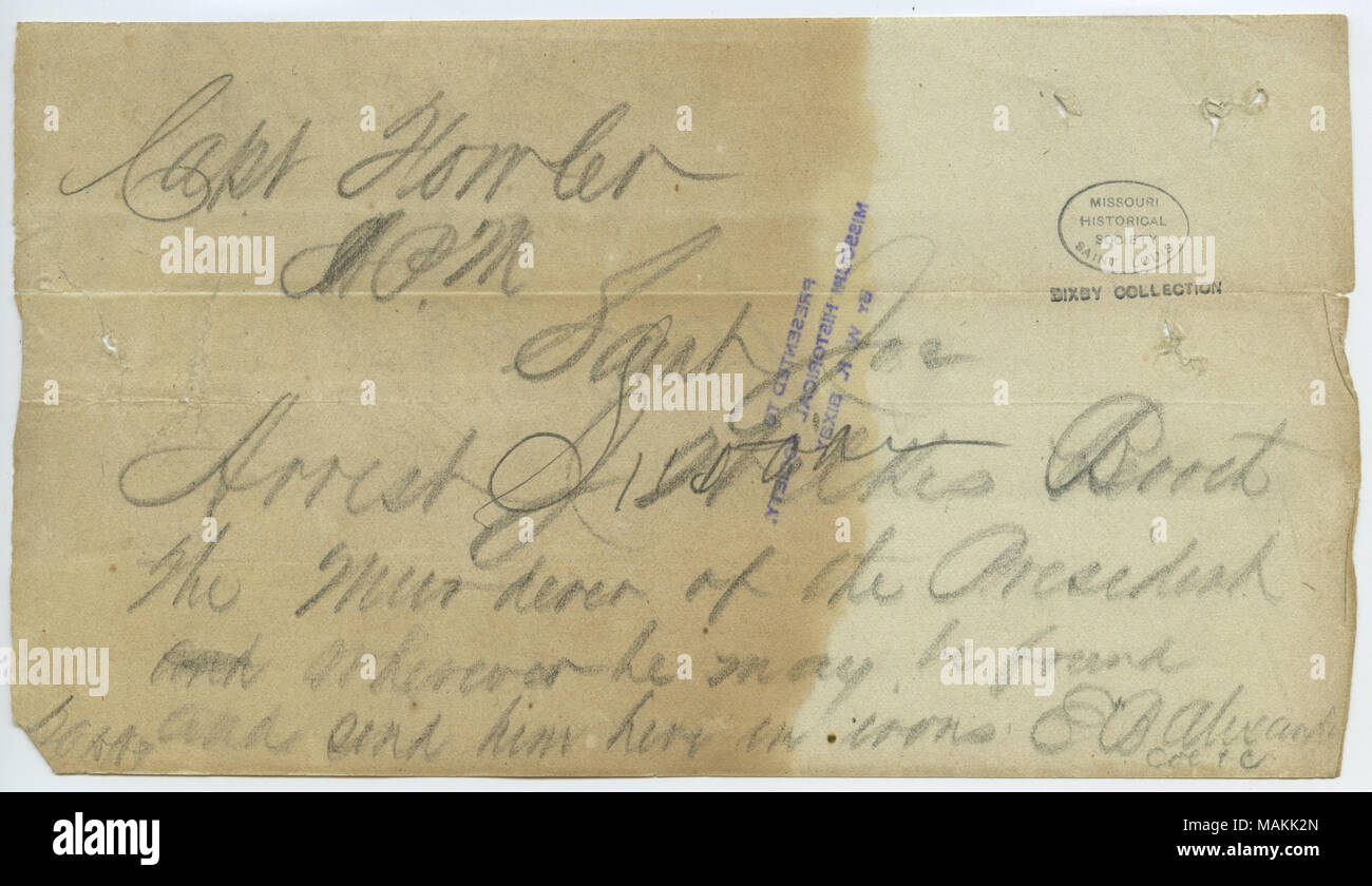 Membri, "Arresto J. documento Wilkes Booth l'assassino del Presidente dovunque egli può essere trovato e inviare lui qui in ferri da stiro. . ." Titolo: contemporanea copia del telegramma di E. B. Alexander, Saint Louis, a Capt. Fowler, Saint Joe [San Giuseppe, Mo.], [15 Aprile 1865] . Il 15 aprile 1865. Alexander, Edmund B. Foto Stock