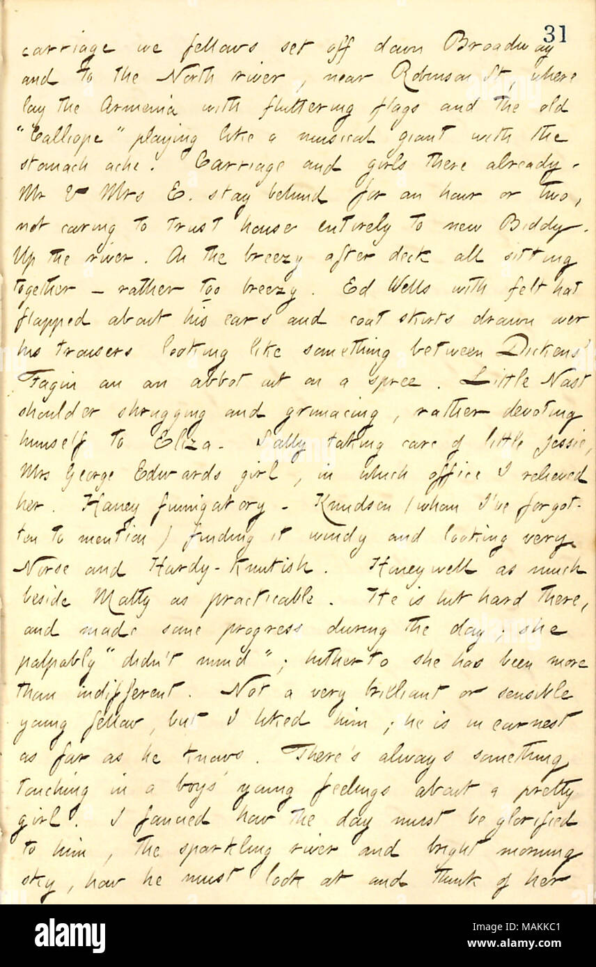 Descrive un quarto di luglio picnic escursione con Edwards la famiglia e gli amici. Trascrizione: carrello abbiamo borsisti impostare off Broadway verso il basso e verso nord fiume, vicino Robinson St, dove stabilire l'Armenia con bandiere svolazzanti e il vecchio 'Calliope' giocando come un gigante musicale con il mal di stomaco! Trasporto e ragazze [Eliza, Matty e Sally Edwards] esiste già. Mr & Mrs E. [George e Sarah Edwards] stare dietro per un ora o due, non curarsi di trust house interamente al nuovo Biddy. Fino al fiume. Su breezy dopo Ponte tutti seduti insieme ? È un po' troppo ventilata. Ed i pozzetti con cappello in feltro ad aletta Foto Stock