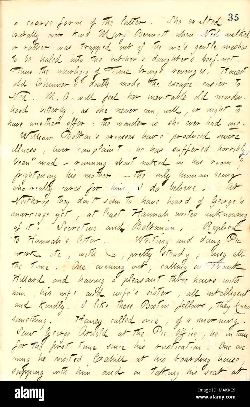 Descrive una lettera ricevuta da Hannah Bennett, che descrive la fine di suo fratello Ned Gunn il rapporto con Mary Ann Chinner. Trascrizione: una forma grossolana di quest'ultimo. Ella [Mary Anne Chinner] esultò brutalmente su tipo Maria Bennett quando Ned [Gunn] camminato o piuttosto è stata intrappolata fuori da una sua delicata maglie da haled nella macelleria figlie carni bovine-net. In tal modo il whirligig di volta porta revenges. Onesto vecchio [Amos] Chinner la morte ha fatto la fuga più facile Ned. M. A. si sentirà la sua inevitabile vecchio maiden-hood amaramente, come lei non ha mai può, o dovrebbe avere un'altra offerta: il vinto Foto Stock