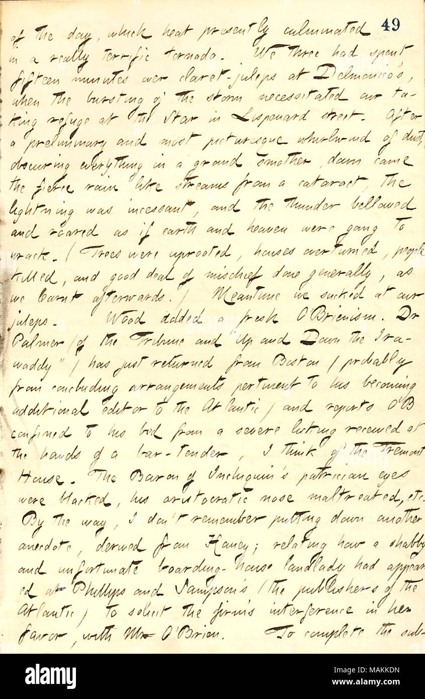 Descrive un tornado in New York City. Trascrizione: del giorno, quale calore attualmente è culminata in una fantastica tornado. Abbiamo tre [Gunn, John A. legno, e il sig. Rosenberg] aveva trascorso quindici minuti su claret-juleps a Delmonico's, quando lo scoppio della tempesta hanno reso necessario il nostro rifugio a stella in Lispenard street. Dopo una preliminare e più pittoreschi del vortice di polvere, oscurando tutto in un gran polverone, è venuto giù il feroce pioggia come flussi di dati da una cataratta, il fulmine è stato incessante e il muggito di tuono e ruggito come se la terra e il cielo sono state andando a wrack. ( Foto Stock