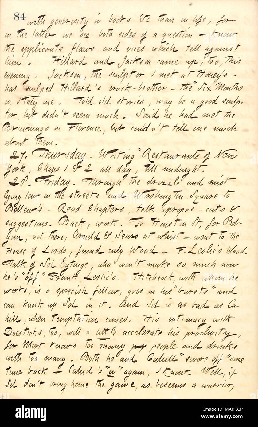 Per quanto riguarda un parlare di Sol Eytinge con John A. Legno. Trascrizione: con generosità in libri &c che nella vita, in quest'ultimo possiamo vedere entrambi i lati di una domanda ? Conoscere le ricorrenti difetti e vizi che raccontano contro di lui. [Oliver] Hillard e [George] Jackson si avvicinò, troppo, questa sera. Jackson, dello scultore che ho incontrato a [Jesse] Haney's ? Ha scolpito Hillard il crack-fratello ? Il " sei mesi in Italia". Ha detto di vecchie storie, può essere un buon scultore, ma non sembrava molto. Ha detto di aver incontrato il Brownings [poeti Elizabeth Barrett e Robert Browning] in Firenze, ma non ha potuto dire una molto circa th Foto Stock