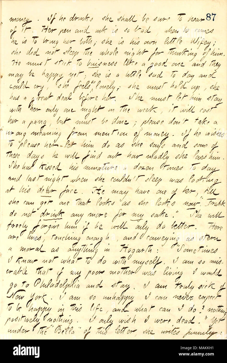 Descrive le lettere inviate a Frank Cahill dalla sua padrona, Isabella Clemo. La trascrizione: il denaro. Se egli [Frank Cahill] bevande ella [Isabella Clemo] deve essere sicuri di ascoltare. La sua penna e inchiostro è così male, quando egli giunge egli viene a portare la sua entrambi; essa è il suo proprio piccolo Wifey; ella non abbiamo dormito tutta la notte per pensare a lui. Egli deve aderire al business come una buona e si può essere felici ancora; lei è un po' triste giorno e potrebbe piangere, ella si sente così solitario; essa deve contenere fino, lei ha una grande prima di lei. Lei deve lasciarlo stare con lei una sola notte nel corso della settimana, si avrà un costo di lei un pang, ma deve Foto Stock