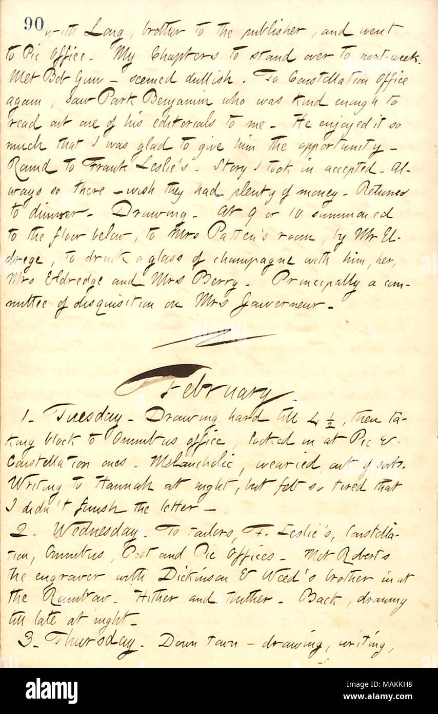 Cita la vendita di una storia di Frank Leslie. Trascrizione: con lunghi, fratello di l'editore, e andò a Pic in ufficio. Il mio capitoli per stand oltre alla prossima settimana. Incontrato Bob Gun ? Sembrava dullish. Alla Costellazione di nuovo ufficio, vide Beniamino del parco che è stato così gentile da leggere uno dei suoi editoriali per me. Egli ci è piaciuto così tanto che ho avuto il piacere di dare a lui la possibilità. Round a Frank Leslie. Storia ho preso in accettati. Sempre così ci ? Desidero che avevano un sacco di soldi. Tornato a cena. Disegno. A 9 o 10 convocato al piano di sotto, alla onorevole Patten camera, dal sig. Eldredge, a bere un bicchiere di champa Foto Stock