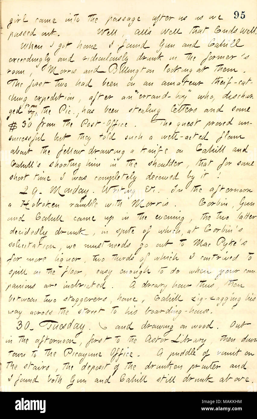 Per quanto riguarda andando a MacPyke's per i liquori con il Sig. Corbin, Bob pistola, e Frank Cahill. La trascrizione: ragazza [Sally Edwards] è venuto nel passaggio dopo di noi come abbiamo superato. Bene, tutti ?è bene ciò che finisce bene. Quando sono tornata a casa ho trovato [Bob] pistola e [Frank] Cahill grandemente e ridicolmente ubriaco nella ex ?s camera, [James] Morris e Billington guardando a loro. I primi due erano stati su un ladro dilettante che cattura spedizione, dopo un ?ǣerrand-boy ? Chi, scaricato dal pic., è stata rubare le lettere e alcuni $30 dal Post-Office. La ricerca si è rivelata infruttuosa ma hanno riferito ad un bene Foto Stock