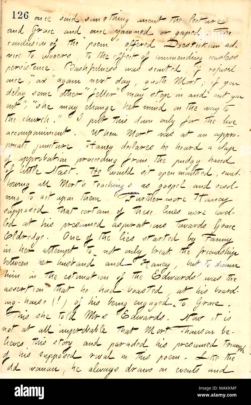 Per quanto riguarda che frequentano una lezione da Mort Thomson come 'Doesticks.' Trascrizione: [Matty Edwards] una volta detto qualcosa anent la lezione e grazia [Eldredge] e una volta yawned gaped o. La conclusione del "poesia" offerta Doestickian consigli ai Proci, per l'effetto di affidando la persistenza incessante. È stato Bashfulness scanted, se ha rifiutato una volta, "ax' nuovamente il giorno successivo, quoth Mort [Thomas]; se il ritardo di alcuni altri 'feller' possono intervenire e 'tagliato fuori": "egli può cambiare la sua mente sulla strada per la Chiesa." Ho messo questo verso il basso solo per l'accompagnamento dal vivo. Quando Mort era a un punto appropriato, [Jesse] Hane Foto Stock