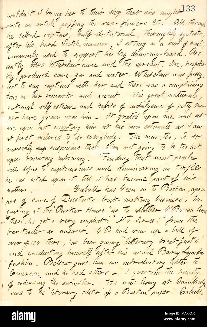 Descrive una visita a Matteo Whitelaw e cera il suo negozio di fiori. Trascrizione: non potrei portare suo [Fanny Fern] al loro negozio che lei potrebbe scrivere un articolo sbuffando la cera-fiori &c. Tutti attraverso lui [Matteo Whitelaw] parlato le didascalie, semi-dittatoriale, egoiste accuratamente, dopo il suo disco Scotch modo, mi sono seduto su una sorta di rotaia, comunemente impiegato per il supporto di una sua grande disegno-board. Attualmente la signora [Kate] Whitelaw e venuto e il servo. Ella, hospitalbly, prodotto alcuni gin e acqua. Whitelaw era molto esigente, per non dire critico con lei e non vi era un tono denunzianti nel suo commento e accento. Il suo gr Foto Stock