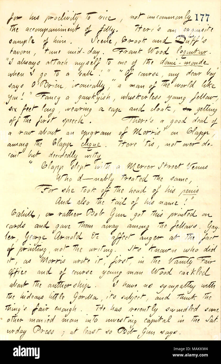 Per quanto riguarda il legno di Frank e un poema su Henry Clapp, scritto da James Morris. Trascrizione: per il suo [Frank legno ?s] propensione all a morsa, non di rado l'accompagnamento della follia. Qui ?s una squisita campione di lui. Scena, Crook e Duff ?s taverna, volta a metà giornata. Frank legno loquitur. ?ǢI allegare sempre a me stesso di uno dei demi-monde quando vado a una palla! ? ?ǢOf corso, il mio caro ragazzo ? Dice [Fitz James] ?O Brien, ironicamente, ?ǣa l uomo di mondo come te! ? Voglia di un gawkyish, whiskerless giovane compagno, sei piedi lungo, indossando un cappello e mantello, in modo da scendere il primo discorso. Vi ?s un buon affare di un r Foto Stock