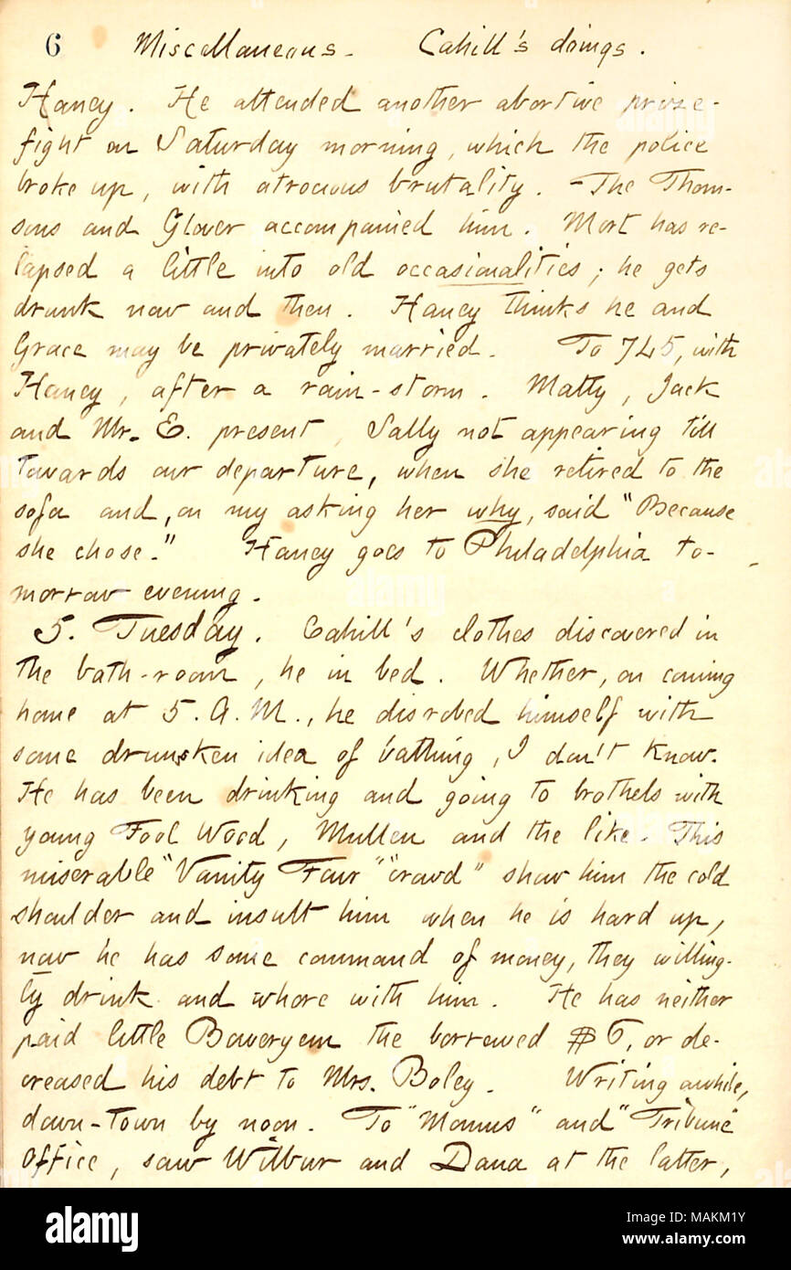 Cita Jesse Haney frequentando un premio-lotta che è stato rotto dalla polizia, e Frank Cahill dell attività notturne con Frank legno, Edward Mullen, e altri. Trascrizione: Varie. [Frank] Cahill ?s misfatti. [Jesse] Haney. Ha frequentato un altro premio abortivo-lotta sabato mattina, che la polizia ha rotto con brutalità atroce. Il Thomsons [Mort e Clifford] e [Thad] Glover accompagnato lui. Mort ha recidivato un po' in vecchio occasionalities; egli si ubriaca e quindi ora. Haney pensa lui e grazia [Eldredge] può essere sposato privatamente. A 745 [Broadway], con Haney, dopo un Foto Stock