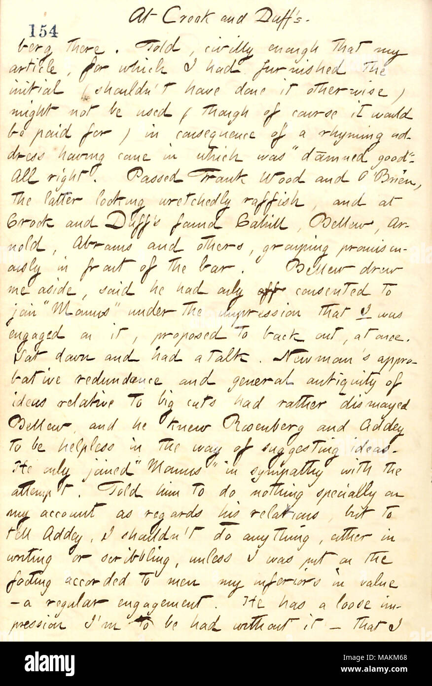 Per quanto riguarda un parlare con Frank Bellew a uncino e Duff circa Momus. Trascrizione: a uncino e Duff ?s. [Rosen]berg vi. Ha detto, civilmente abbastanza che il mio articolo, per cui mi aveva fornito la iniziale (shouldn ?t hanno fatto altrimenti) potrebbe non essere utilizzato (anche se ovviamente sarebbe pagato per) in conseguenza di un indirizzo in rima che venuto in cui era ?ǣdamned buona. ? Tutto il di destra. Superato Frank Legno e [Fitz James] ?O Brien, quest'ultima cerca wretchedly raffinata e ad uncino e Duff ?s trovato [Frank] Cahill, [Frank Bellew], [George] Arnold, Abrams e altri, raggruppamento promiscuamente davanti o Foto Stock