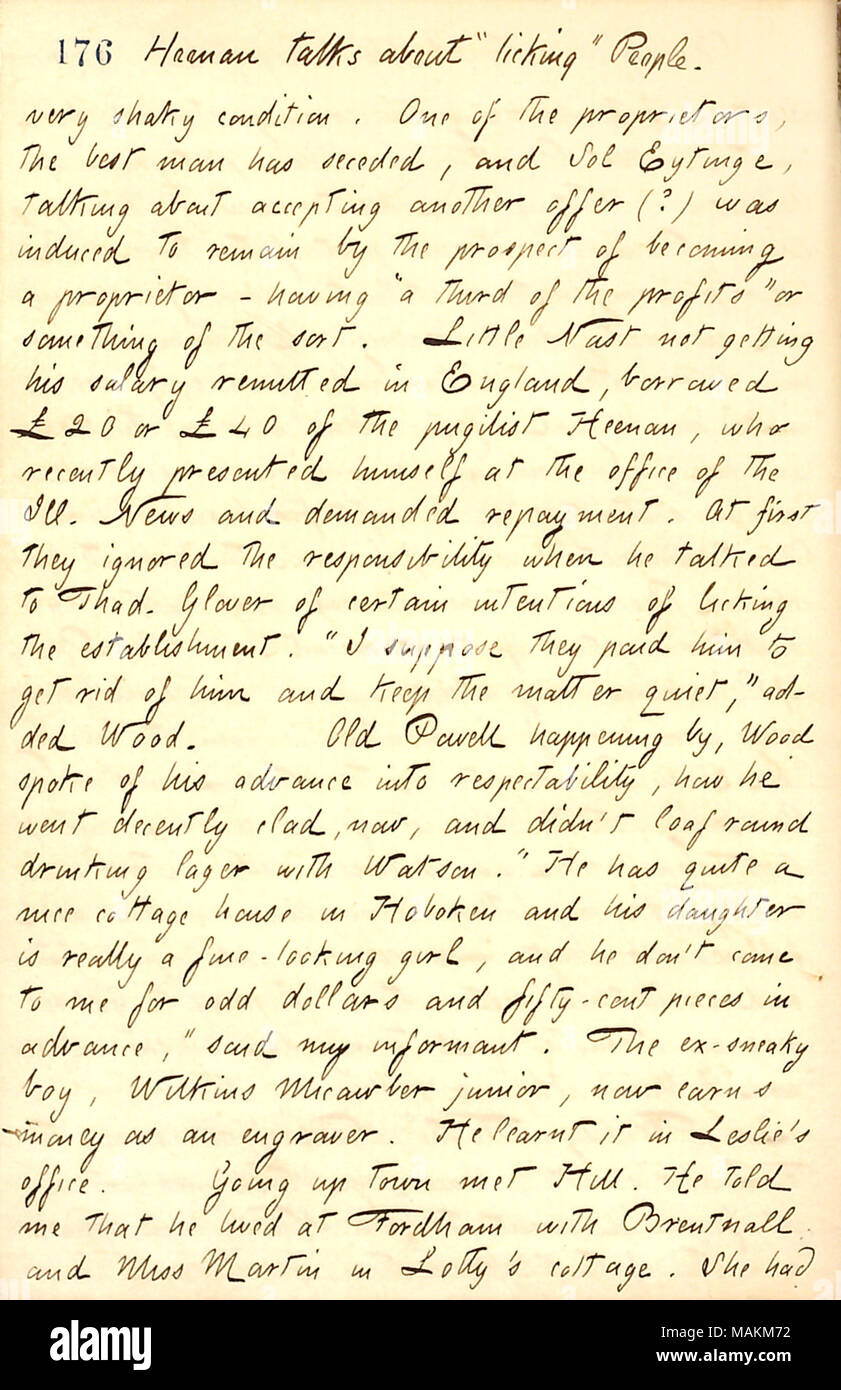 Per quanto riguarda i problemi finanziari del New York illustrato News. Titolo: Thomas Butler diari Gunn: Volume 13, pagina 191, 24 agosto 1860 . Il 24 agosto 1860. Gunn, Thomas Butler, 1826-1903 Foto Stock