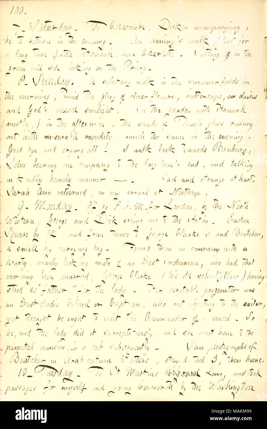 Descrive la sua visita a The Boltons e il Bennetts a Banbury e del suo viaggio di ritorno a Londra. Trascrizione: 7. Sabato. Per Chacombe, Dickon [Bolton] disegni, egli per tornare in albergo la sera. Una serata ?s a piedi, (ultimo per un lungo periodo di tempo,) con Hannah [Bennett], e Charlotte [Bennett]. Seduta di verde sulla collina che si affaccia sulla Priory. 8. Domenica. Una passeggiata solitaria in summerfields al mattino, in mezzo alla gloria di fiori di trifoglio, renoncules, un margherite e Dio ?s benedetto dalla luce del sole. Nel giardino con Hannah prevalentemente,), nel pomeriggio, le sabbie del tempo ?vetro s correre fuori con miserabile Foto Stock