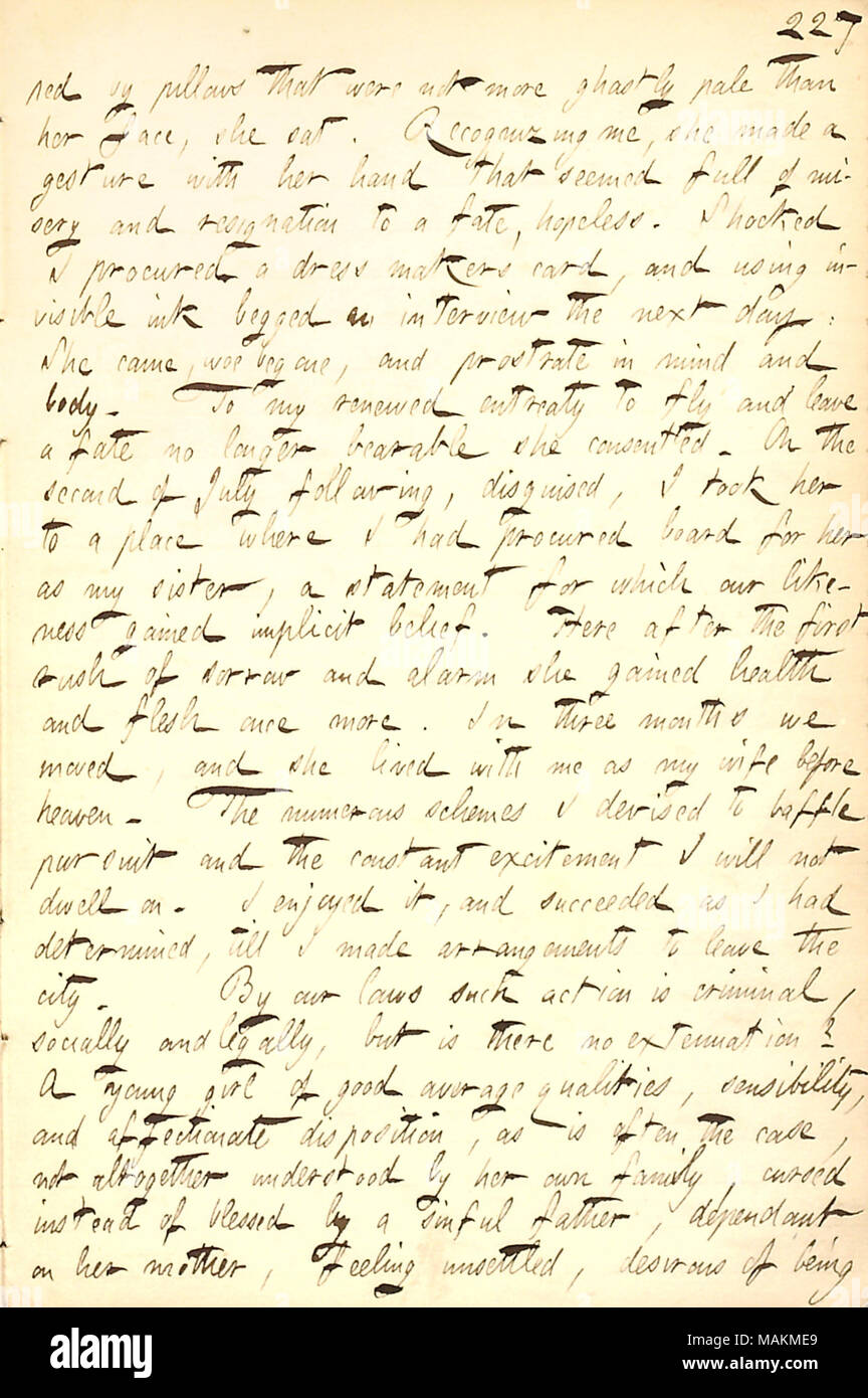 Include la lettera di Alfred Waud ha scritto alla signora Jewell, spiegando come egli eloped con la figlia di Maria. Trascrizione: [prop]ped da cuscini che non erano più pallido fantasma di quanto il suo volto, ella [Maria Brainard] sat. Riconoscendo che mi ha fatto un gesto con la mano che sembrava pieno di miserie e la rassegnazione ad un destino, disperata. Scioccato ho procurato un abito maker card e utilizzando l'inchiostro invisibile implorò un colloquio il giorno successivo. Ella venne, guai vattene, e prostrato nella mente e nel corpo. Per rinnovare la mia supplica a volare e lasciare un destino non è più sopportabile ha acconsentito. Sul secondo di luglio seguente, mascherare Foto Stock