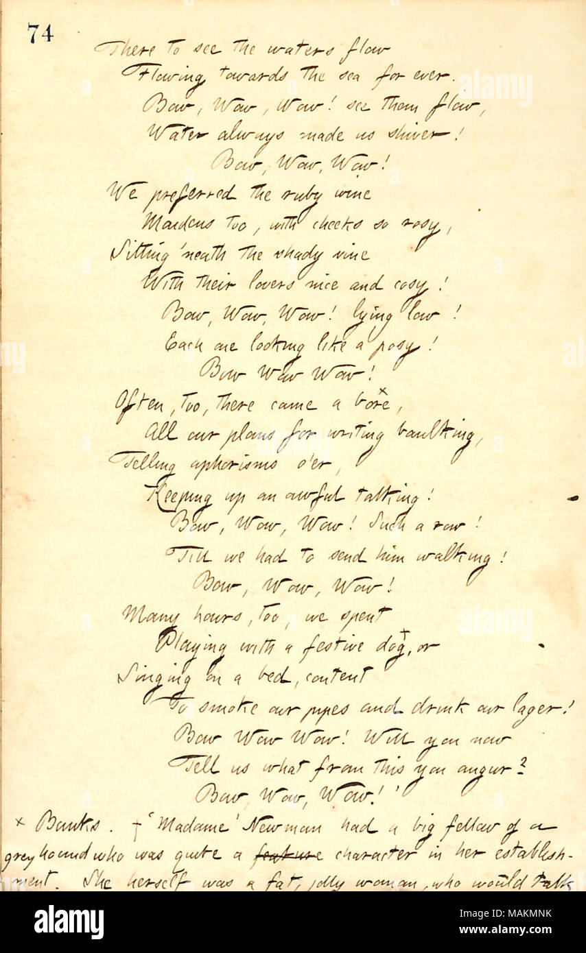 Canzone scritta da George Arnold. Trascrizione: lì per vedere il flusso di acque che scorre verso il mare per sempre. Bow, Wow, Wow! Vedere il loro flusso, l'acqua sempre ci ha fatto rabbrividire! Bow, Wow, Wow! Abbiamo preferito il vino rosso rubino di fanciulle troppo, con le guance così rosea, seduta 'neath il vitigno ombreggiato con gli amanti della loro bella e accogliente! Bow, Wow, Wow! Giacente basso! Ognuno sembra un posy! Bow Wow Wow! Spesso ci è venuto un foro [nota: Banche.], tutti i nostri piani per la scrittura balking, dire aforismi o'er, mantenendo un terribile parlare! Bow, Wow, Wow! Una tale fila! Fino a quando abbiamo dovuto inviare lui a piedi! Bow, Wow, Wow! Molte ore, t Foto Stock