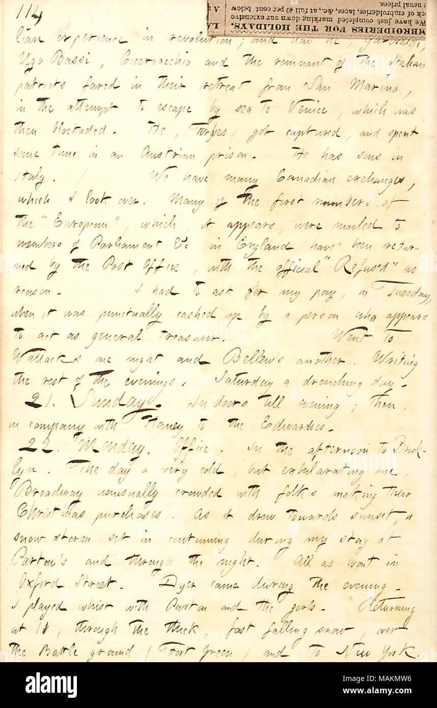 Osservazioni sulla Comunità. Trascrizione: [ita] lian esperienza nella rivoluzione; e come egli [Hugh Forbes], [Giuseppe] Garibaldi, Ugo Bassi, Ciceroacchio e il resto dei patrioti italiani cavata nel loro rifugio dalla Repubblica di San Marino, nel tentativo di fuggire via mare a Venezia, che poi è stato bloccato. Egli, (Forbes) ho catturato e trascorso un po' di tempo in un carcere austriaco. Egli ha figli in Italia. / Abbiamo molti scambi canadese, che ho guardare oltre. Molti dei primi membri della ?ǣEuropean, ? Che, sembra, sono state inviate ai membri del Parlamento &c in Inghilterra sono stati restituiti dall'Ufficio Postale, Foto Stock