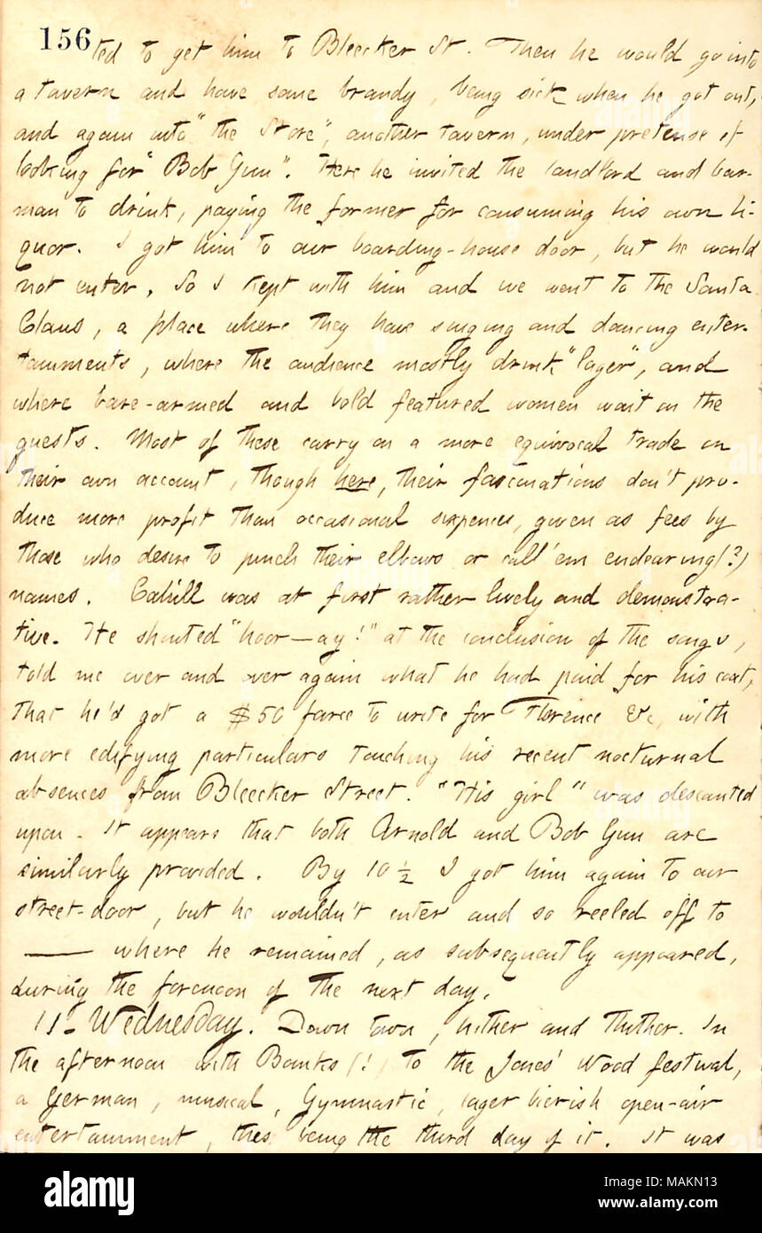 Descrive andando a una sala di intrattenimento chiamato il Babbo Natale con Frank Cahill. Trascrizione: [wan]ted per ottenere lui [Frank Cahill] a [132] Bleecker Street e poi voleva andare in una taverna e alcuni hanno brandy, essendo malato quando è andato anche lui e di nuovo in ?ǣthe Store ? Un altro taverna, sotto il pretesto di cercando ?ǣBob pistola. ? Qui egli ha invitato il locatore e il barman per bere, pagando l'ex per consumare il suo liquore. Gli ho fatto la nostra pensione porta, ma egli non ha voluto inserire, così ho mantenuto con lui e siamo andati a Santa Claus, un luogo dove hanno i canti e le danze divertimenti, siamo Foto Stock