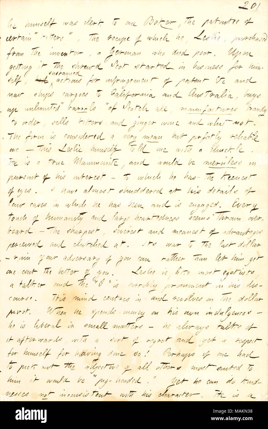 Descrive William Leslie, che vive nella sua casa di imbarco. Trascrizione: [William Les]giacciono stesso è stato commesso a uno Boker, il titolare di taluni "amari,' la ricetta di cui egli, Leslie, acquistati dall'inventore, un tedesco che morì povero. Dopo averlo scaltro Scozzese iniziata nel business per se stesso, avevano sostenuto le azioni per contraffazione del brevetto &c e ora navi carichi in California e in Australia, riacquista un numero illimitato di "barili' di scotch ale, produce brandy per ordinare, vende bitter e zenzero vino e cosa non. La ditta è considerato un significa molto ma perfettamente affidabile uno ? Questo L Foto Stock