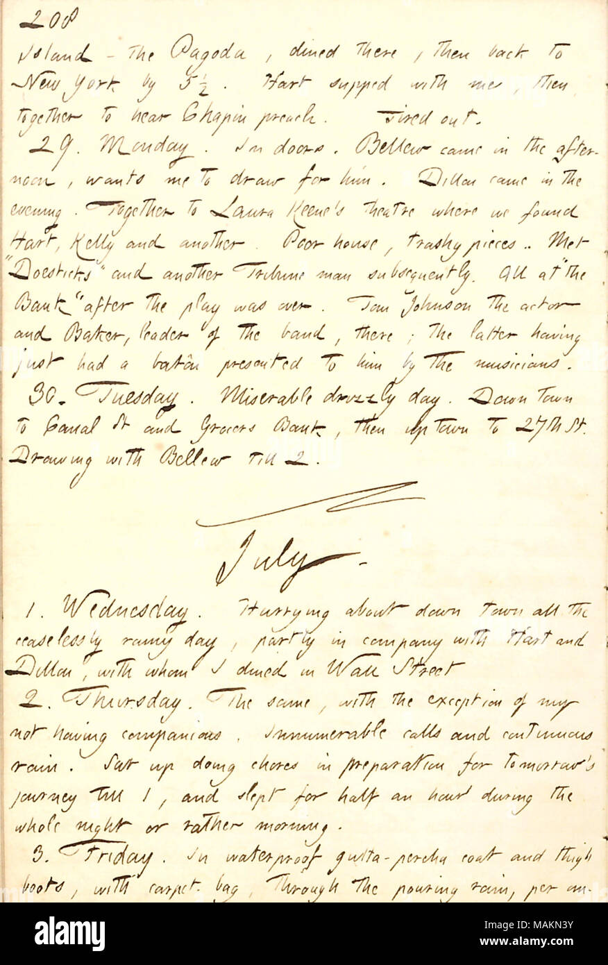 Descrive andando a vedere un gioco a Laura Keene's theatre con Henry Hart e Dillon Mapother. Trascrizione: [] Staten Island ? La Pagoda, abbiamo cenato lì, per poi tornare a New York da 5 1/2. [Henry] Hart supped con me, poi, insieme a sentire [E.H.] Chapin predicare. Stanco. 29. Lunedì. In porte. [Frank Bellew] è venuto nel pomeriggio mi vuole disegnare per lui. Dillon [Mapother] è venuto in serata. Insieme a Laura Keene's Theatre dove abbiamo trovato Hart, Kelly e un'altra. Povera casa, con foglie pezzi. Incontrato 'Doesticks' [Mortimer Thomson] e un altro uomo Tribune successivamente. Tutti in corrispondenza di " banca " dopo il gioco Foto Stock