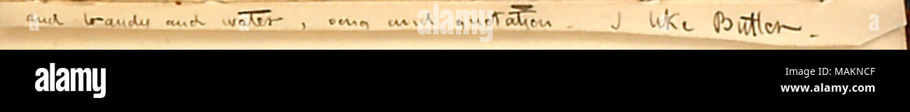Menziona il fatto che egli ama Warren Butler. Trascrizione: e il brandy e acqua, una canzone e un preventivo. Mi piace [Warren] Butler. [Resto della pagina cut off] Titolo: Thomas Butler diari Gunn: Volume 1, pagina 173, Settembre 30, 1850 . Il 30 settembre 1850. Gunn, Thomas Butler, 1826-1903 Foto Stock