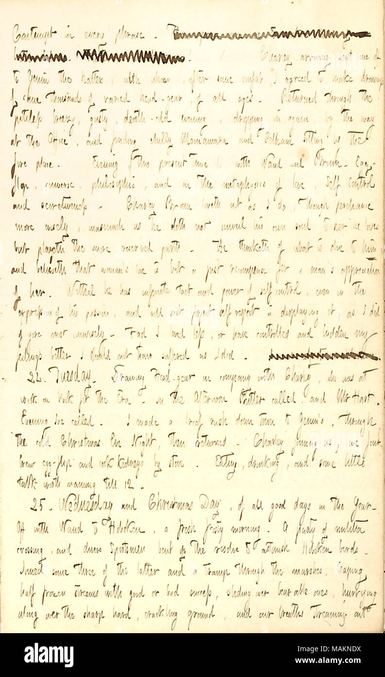 Descrive il suo Natale e la Vigilia di Natale le attività. Trascrizione: il disprezzo in ogni frase. [Parole barrata]! / Charley [Brown] arrivando inviato me off [John N.] Genin il hatters, con il quale, dopo alcuni confab, ho accettato di fare disegni di alcune migliaia di testa di vario-marcia, di tutte le età. Restituito attraverso la spietata breezy, gusty, morte-fredda sera, gocciolamento in nuovamente, mediante il modo in ufficio e di ricerca di peperoncino Macnamara e Pelham [Anderson] seduti davanti al caminetto. Di sera, (tempo presente), con [Alfred] Waud e marrone. Zabaione, converse, filosofici e sulla metafisica Foto Stock