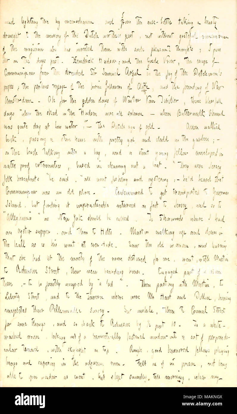 Descrive una visita a Communipaw e dà i suoi pensieri sui primi New York gli esploratori olandesi. Trascrizione: e illuminazione del grande meerschaum e dalla facilità bottiglia tenendo una sostanziosa proposta alla memoria del Dutch dignitari passato, non senza riconoscente ricordo del mago che ha inventato il loro [Washington Irving] con tali pensieri piacevole; rifletto sul passato. Hendrick Hudson; e la Goede Vrow, la fuga di Communipaw dalla temuta Sir Samuel Argal nella gioia del olandesi ?s tubi; il pericoloso viaggio degli eroici seguaci di Olaffe [il sognatore], e la fondazione di Foto Stock