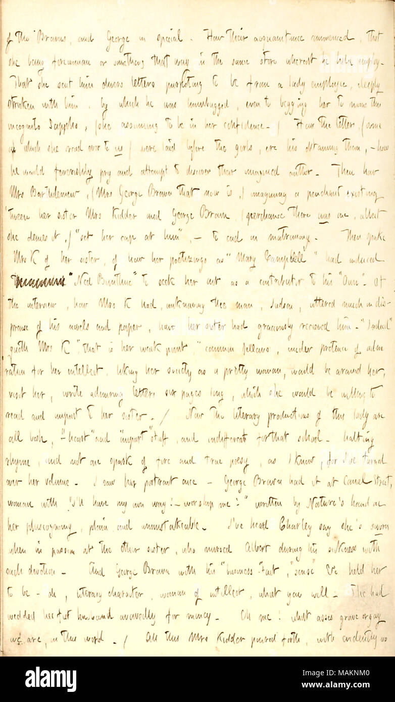 Discute la sig.ra Kidder la sorella, chi scrive come Mary Campbell. Trascrizione: dei marroni e George [Brown] in speciale. Come loro conoscente ha iniziato, che ella [Rebecca Kidder] essendo forewoman o qualcosa in questo modo nello stesso negozio in corrispondenza del quale egli ha tenuto impiegare. Che ella ha inviato lettere himdivers affermano di essere da una signora dipendente, profondamente colpita con lui, mediante il quale egli era humbugged, anche a mendicare il suo nome a questo incognito Saffo, (ella supponendo di essere nella sua fiducia.) come le lettere, (alcuni dei quali Ella leggere oltre a noi) sono stati stabiliti prima che le ragazze, ere il suo ottenimento di loro ? In che modo egli avrebbe f Foto Stock