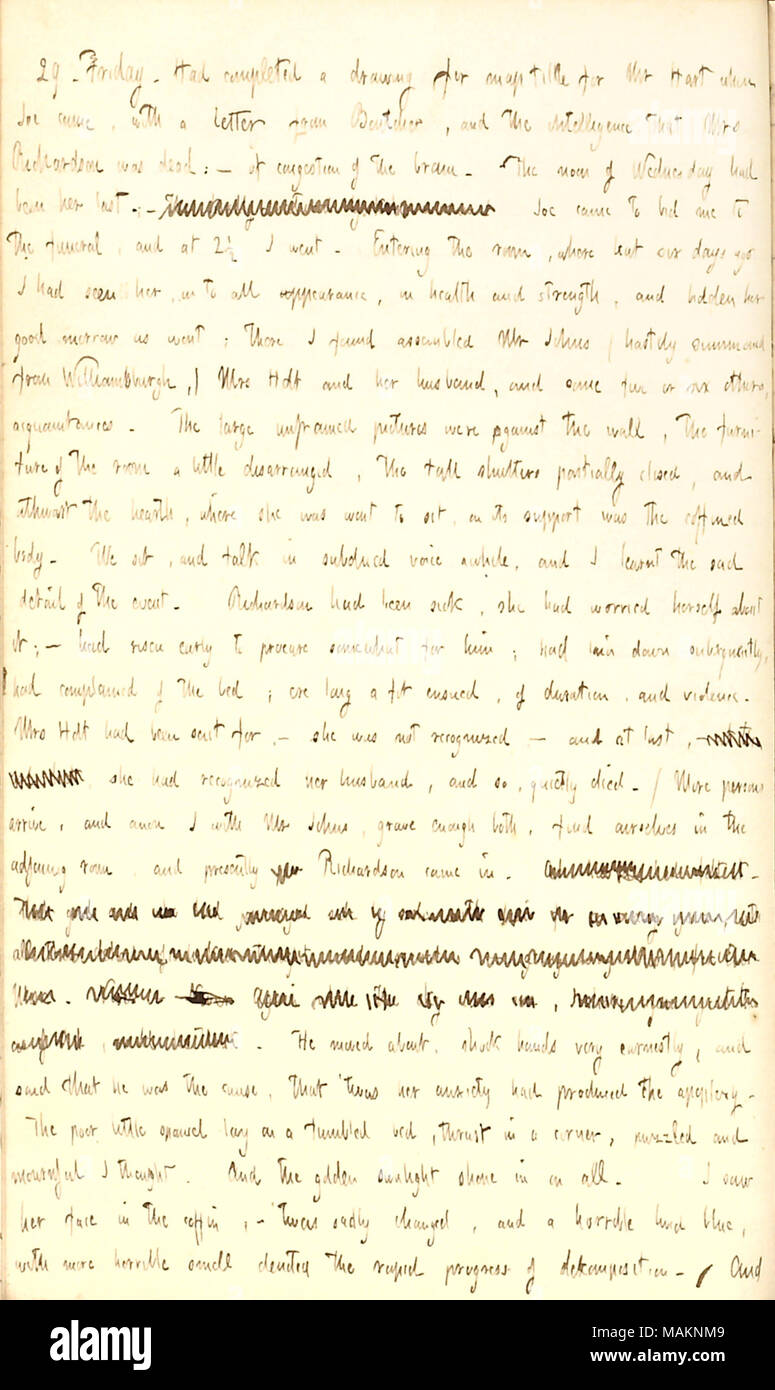 Descrive partecipato ai funerali di Sarah Richardson. Trascrizione: 29. Venerdì. Aveva completato un disegno per il titolo della mappa per il signor [Henry] Hart quando Joe [Greatbatch] è venuto con una lettera da [William] Boutcher, e l'intelligenza che la onorevole [Sarah] Richardson era morto: ? Di congestione del cervello. Il mezzogiorno di mercoledì è stata la sua ultima. ? [Parole barrata] Joe è venuto a me offerta al funerale e a 2 1/2 sono andato. Entrando in camera, dove ma sei giorni fa avevo visto lei, a tutti aspetto, in materia di salute e di forza e invitato la sua buona domani come è andato; ci ho trovato assemblato Signor Johns (frettolosamente su Foto Stock