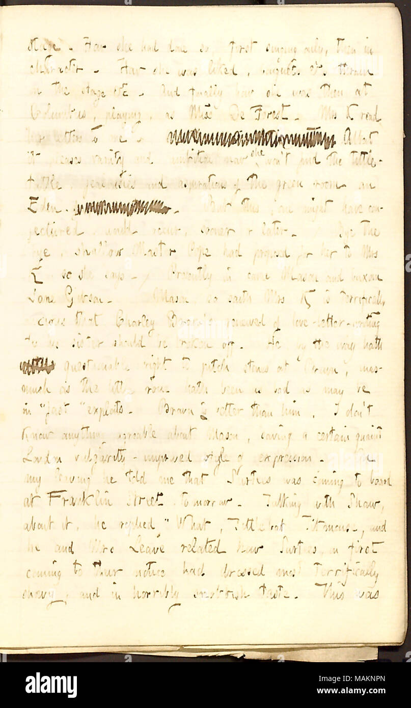 Parla di notizie di Lotty Kidder diventando un'attrice. Trascrizione: stadio. Come ella [Charlotte Kidder] aveva fatto, prima di cantare solo, poi nel carattere. Come lei era piaciuto, mazzi &cs gettati sul palco &c. E infine come ella è stata poi a Columbus, suonare come Miss De foresta. Onorevole K [Rebecca Kidder] leggere le sue lettere a me. [Parole barrata] Anche se piace a vanità e ambizione ora ha vinto ?t trovare il tittle tattle-, gelosie e le aspirazioni della camera verde un Eden. [Parole barrata]. Ma questo si potrebbe hanno ipotizzato, si verificherebbe, prima o poi. / Bye bye, poco profonda Papa Master Foto Stock