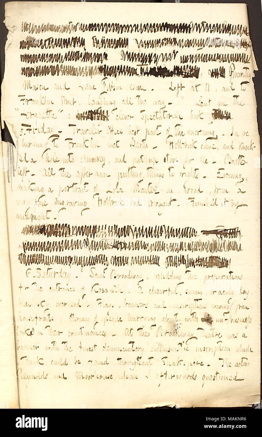 Descrive il giorno di Lajos Kossuth la visita a New York. Trascrizione: [parole barrata] Attualmente [Arthur] Mason e Jane Gibson è venuto. A sinistra a 11 e a [48] Franklin Street, ridere tutto il modo. Mi ha prestato il ?ǣLorgnette ? Un [parola barrata] clever Spectatorish prenota, [parola barrata] 5. Venerdì. Ufficio di viaggiatori la parte migliore della mattina. Nel tornare a Franklin incontrato [William] Barth. Holbrook è venuto ed ha battuto un foro nel camino, e messi in stufa per me. Barth a sinistra. Tutto il pomeriggio mettendo le cose per i diritti dei cittadini. Di sera, facendo un ritratto di Lola Montez su legno, da una raffinata incisione Foto Stock
