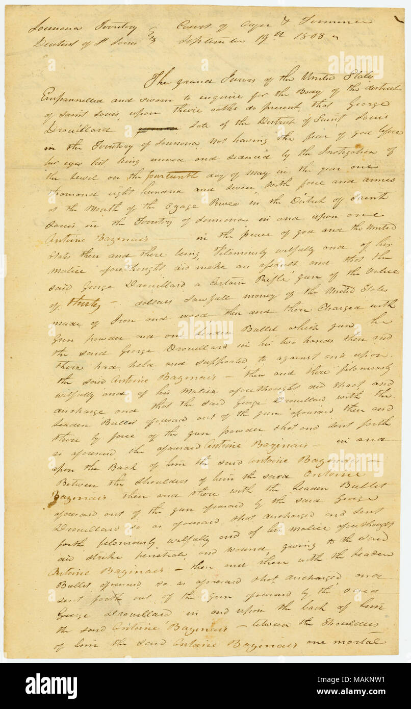 Un motivo di non colpevolezza inserito. Titolo: accusa per l assassinio di Antoine Bazinais [Antoine Bissonet] nel caso di Stati Uniti v. George Drouillard e Manuel Lisa, firmato John Scott, Settembre 19, 1808 . 19 settembre 1808. Scott, John Foto Stock