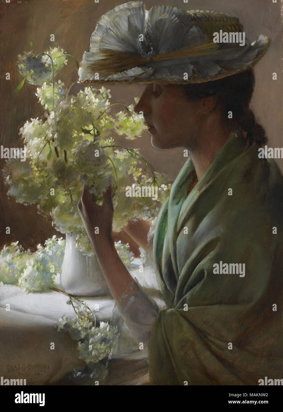 . Inglese: Signora con un bouquet di fiori (Snowballs) - Charles Courtney Curran - Google istituto culturale. Birmingham Museum of Art. w8.88 x h12.81. Olio su pannello di legno . 1890 Foto Stock . Inglese: Signora con un bouquet di fiori (Snowballs) - Charles Courtney Curran - Google istituto culturale. Birmingham Museum of Art. w8.88 x h12.81. Olio su pannello di legno . 1890 Foto Stock