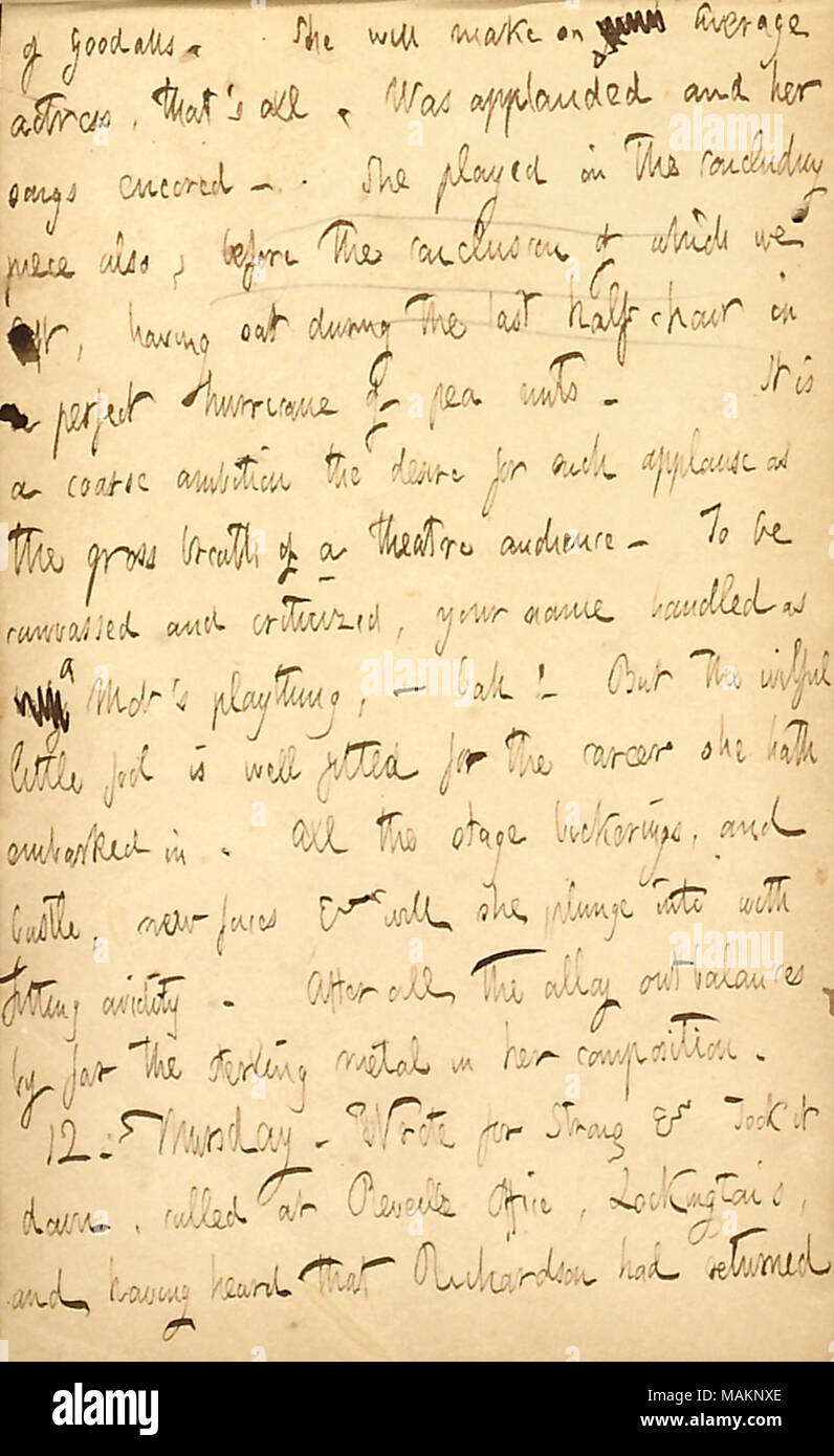 Descrive frequentando Goodall il beneficio delle prestazioni di teatro. Trascrizione: Di Goodalls. Ella [Charlotte Kidder] farà un [parola barrata] media attrice, che ?s tutti i. È stato applaudito e i suoi canti bissato. Ha giocato nella conclusione di pezzo, anche prima della conclusione di cui abbiamo lasciato, avente sat durante l'ultima mezza ora su un uragano perfetto del segnale di PEA dadi. Si tratta di una grossa ambizione il desiderio per tali applausi come il respiro lordo di un teatro pubblico. Per essere contattato e criticato, il tuo nome gestite come [parola barrata] una folla ?s puzzle, ? Bah! Ma intenzionali poco stolto è ben fitt Foto Stock