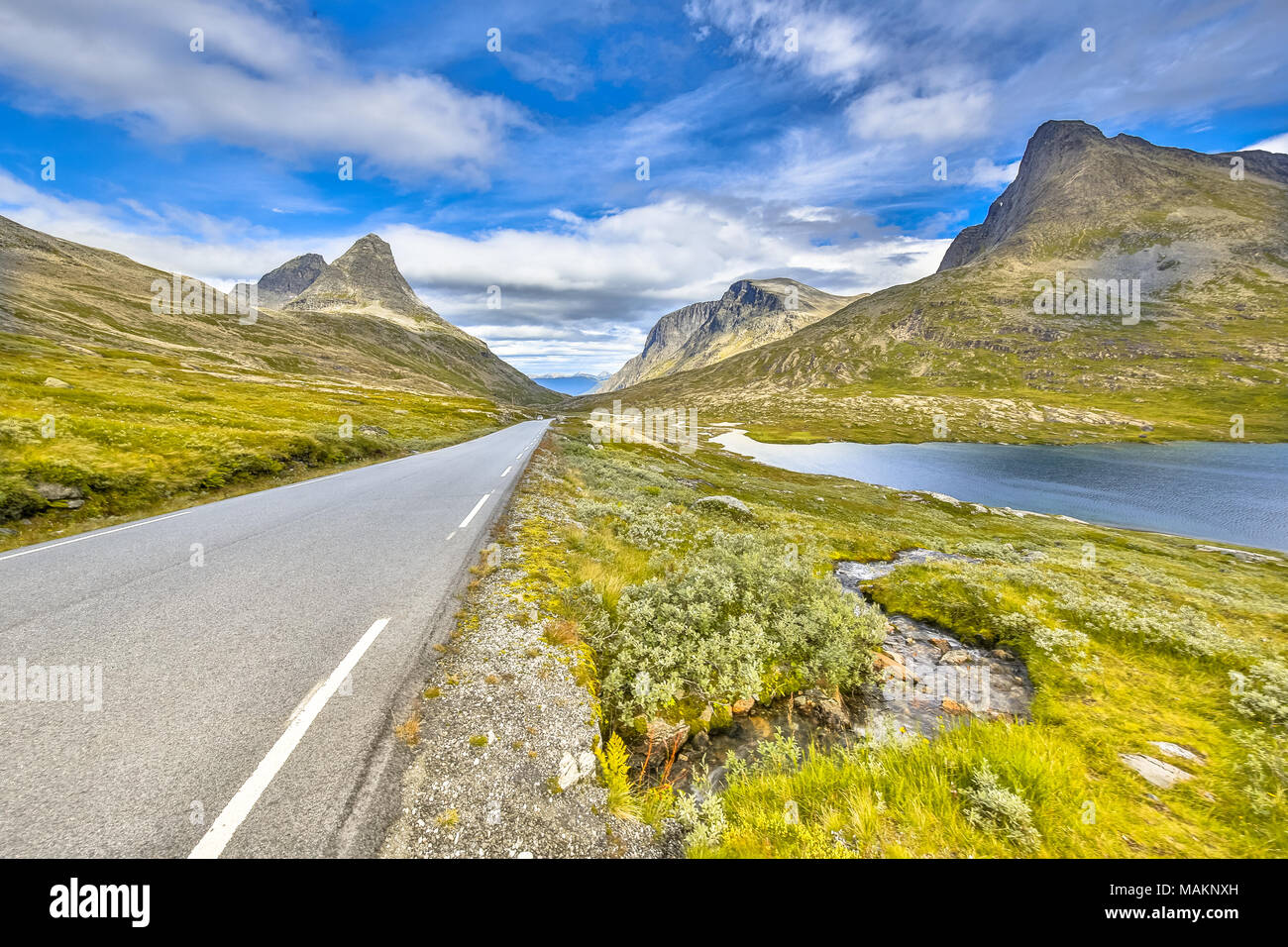 Vegetazione alpina e picchi di montagna con ripide scogliere lungo Trollstigen road da Andalsnes di Stranda Foto Stock