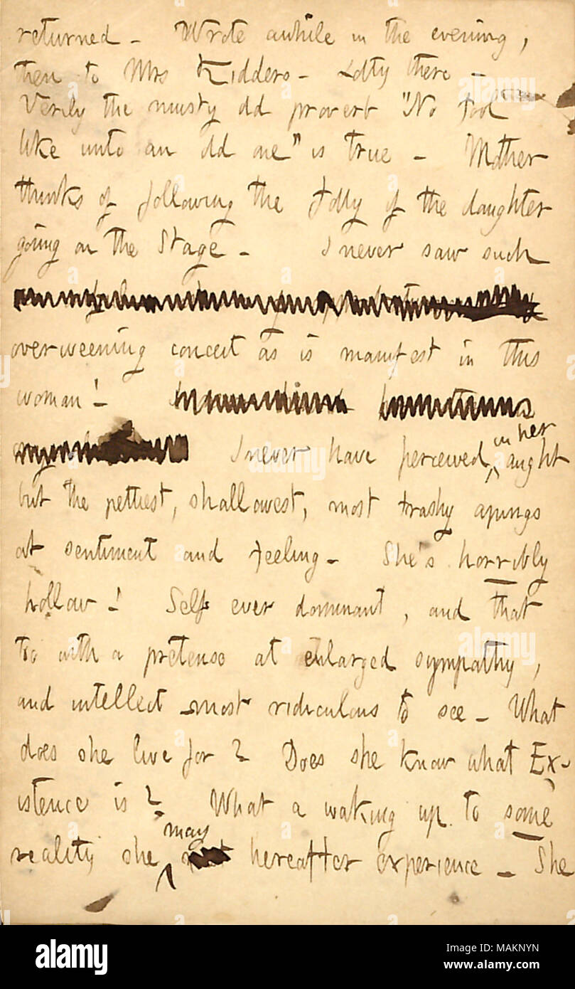 Commenti su Rebecca Kidder. Trascrizione: restituiti. Ha scritto un bel po' di sera, quindi alla onorevole [Rebecca] Kidders. Lotty [Kidder]. In verità la muffa antico proverbio ?ǣNo stolto simile a una vecchia ? È vero. Madre pensa di seguire la follia della figlia di andare sul palco. Non ho mai visto tali [parole barrata] arrogante presunzione come è manifesto in questa donna!!! [Parole barrata] non ho mai hanno percepito nella sua restasse ma il pettiest, shallowest, la maggior parte con foglie apings presso il sentimento e la sensazione. Ella ?s cava orribilmente! Auto mai dominante, e che anche con una pretesa a simpatia allargata e int Foto Stock