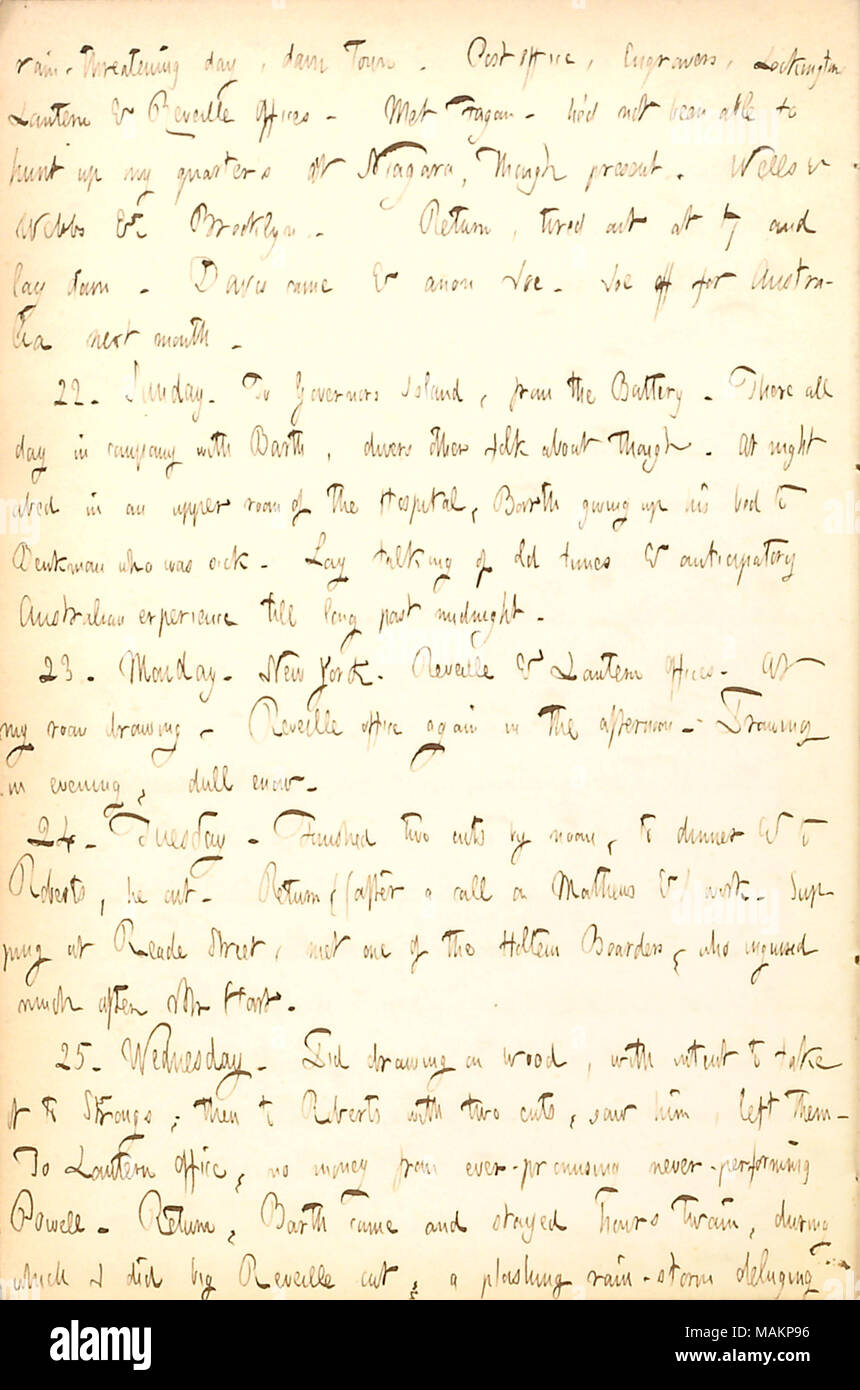 Parla di Joe Greatbatch del piano di muoversi in Australia nel prossimo mese. Trascrizione: pioggia-minaccioso giorno, down town. Ufficio postale, incisori, Lockington, Lanterna & Sveglia uffici. Incontrato Fagan ? Egli ?d non è stato in grado di cacciare i miei quarti a Niagara, se presente. Wells & Webb & Brooklyn. Ritorno, stanchi a 7 e si coricò. Davis è venuto & anon Joe [Greatbatch]. Joe off per l'Australia il mese prossimo. 22. Domenica. A Governors Island, dalla batteria. Per tutta la giornata in compagnia di [William] Barth, subacquei altri folk circa però. Di notte abed in una camera superiore dell'ospedale, Barth dando il suo essere Foto Stock