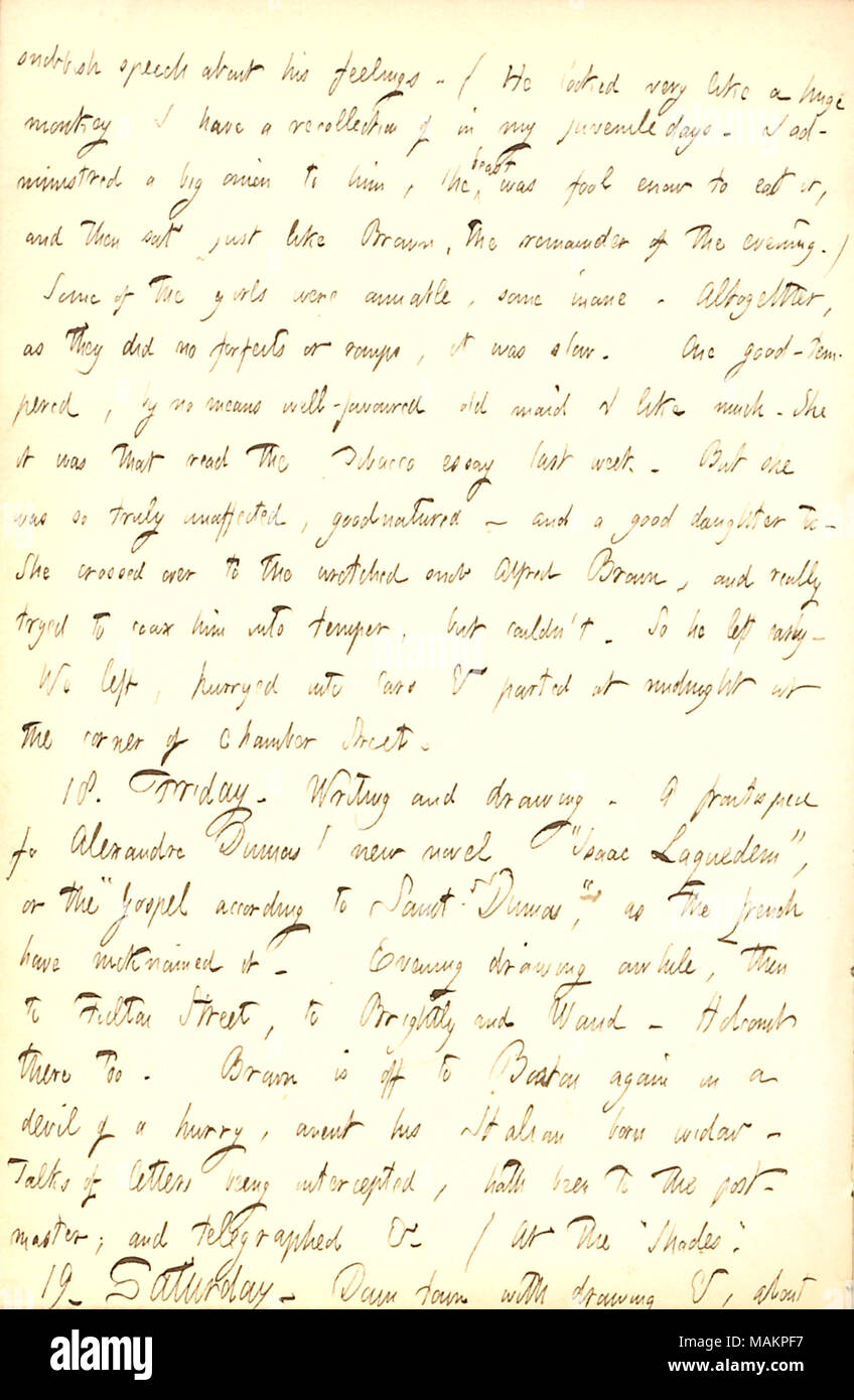 Descrive per partecipare ad una riunione del divertimento e Intellectual-Marriage-accelerando la società. Trascrizione: snob discorso sul suo [Albert Brown ?s] sentimenti. (Ha guardato molto simile a un enorme scimmia ho un ricordo nella mia gioventù giorni. Ho administred una grossa cipolla a lui, la bestia era pazzo abbastanza da mangiare e quindi sat come Brown, il resto della serata.) Alcune delle ragazze erano amabile, alcuni inane. Complessivamente, come hanno fatto nessuna rinuncia o mantiene il titolo è stato lento. Una buona-temprato, da nessuno mezzi ben favorito vecchia cameriera mi piace molto. Ella fu che leggere il saggio di tabacco la scorsa settimana. Bu Foto Stock